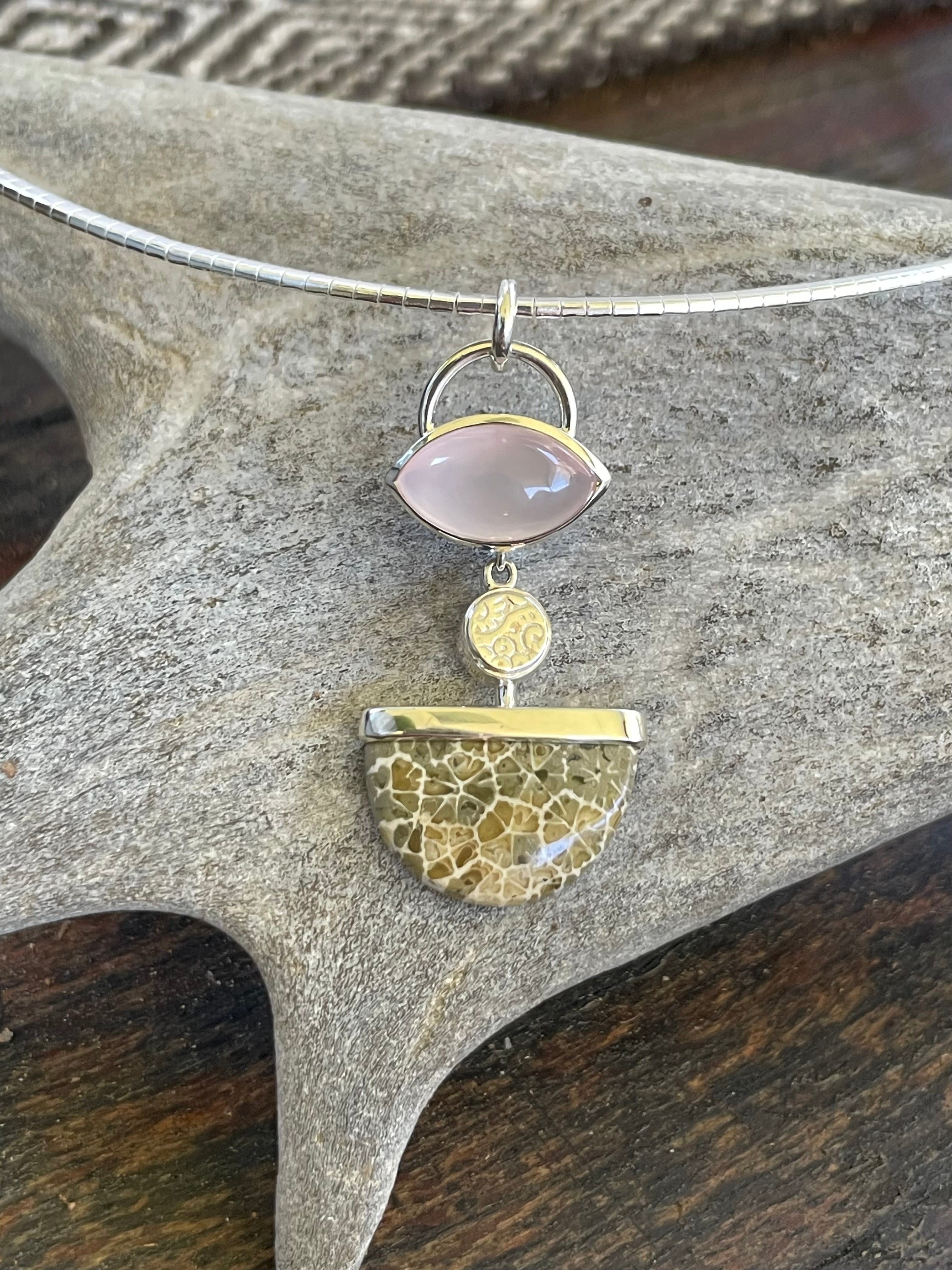 Nature Scape Pendant 2025 Fossil coral and Rosequartz
