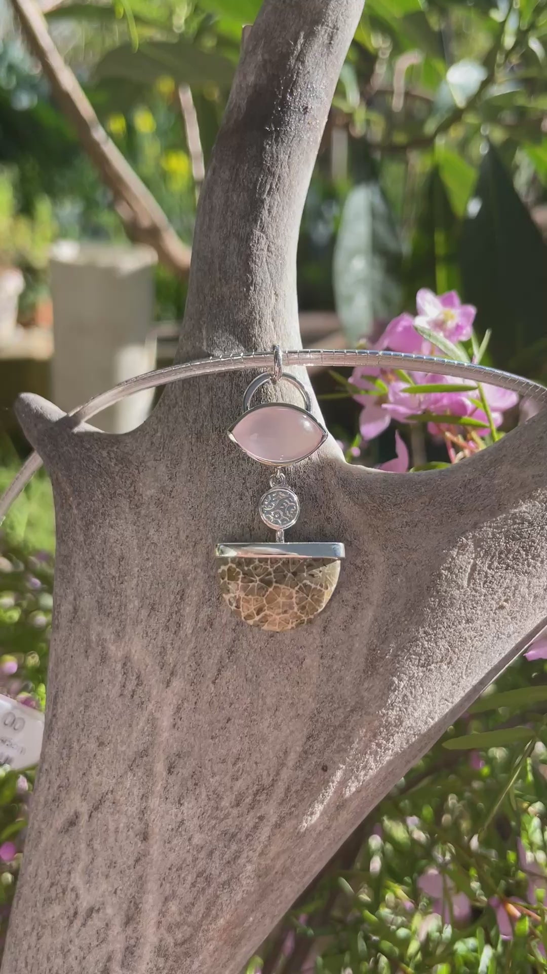 Nature Scape Pendant 2025 Fossil coral and Rosequartz